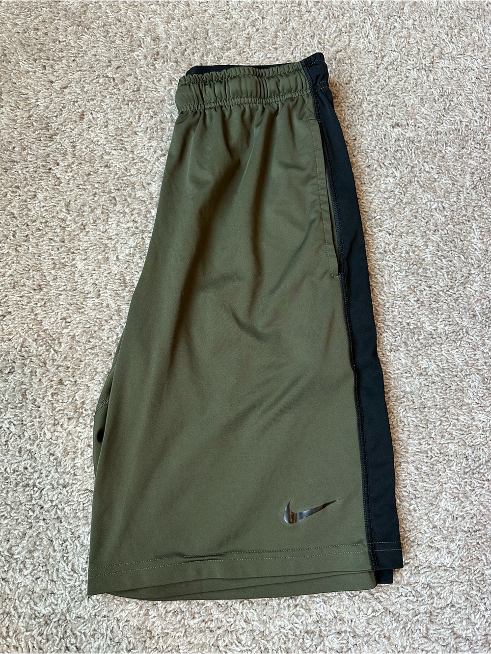 Nike Men’s Olive Green Athletic Shorts with Black Side Panels and Swoosh - Picture 2 of 4